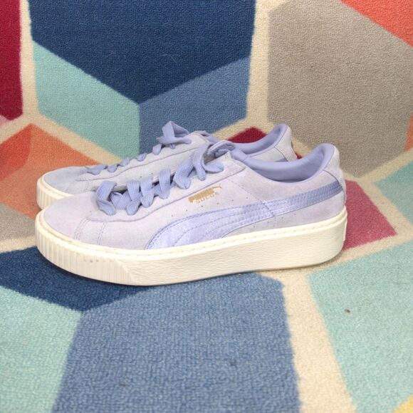 Puma Suede Platform Mono Satin Women Sneaker Color Sweet Lavender-Whisper-Gold 8 - Picture 1 of 7